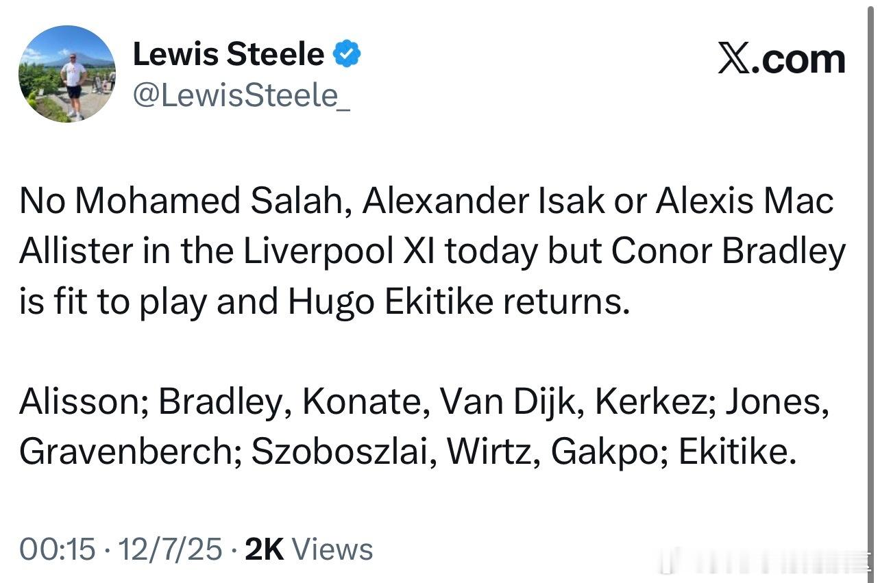 中场轮换琼斯顶替麦卡，伊萨克萨拉赫都在替补席。布拉德利重回首发 