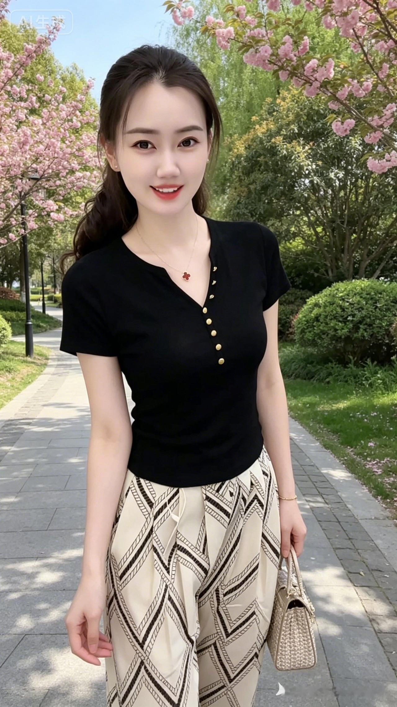 美女五官精致清晰，右手自然垂落，左手轻拎精致手袋。置身公园林间小路，绿树繁茂、桃