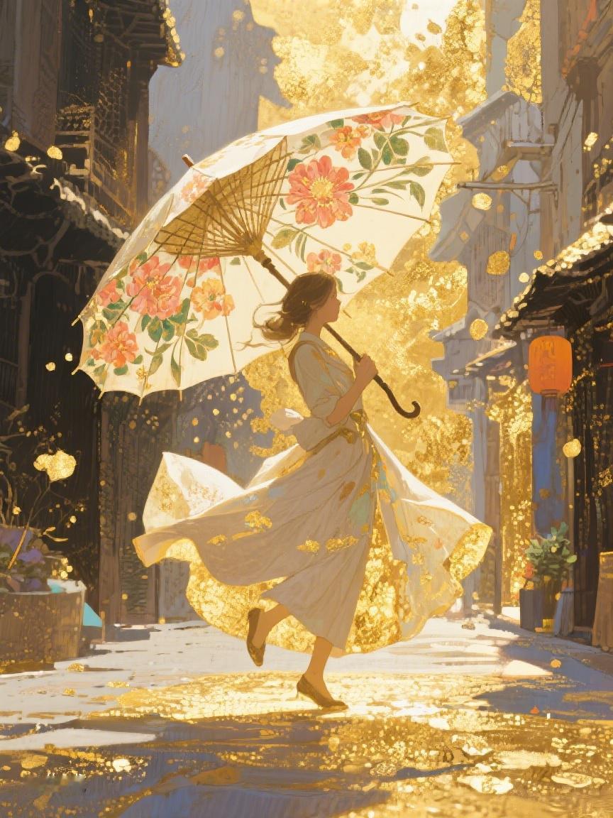 AI妙生图旧巷中，金色光斑跳跃，撑伞少女似在与时光共舞，每步皆藏诗意✨
