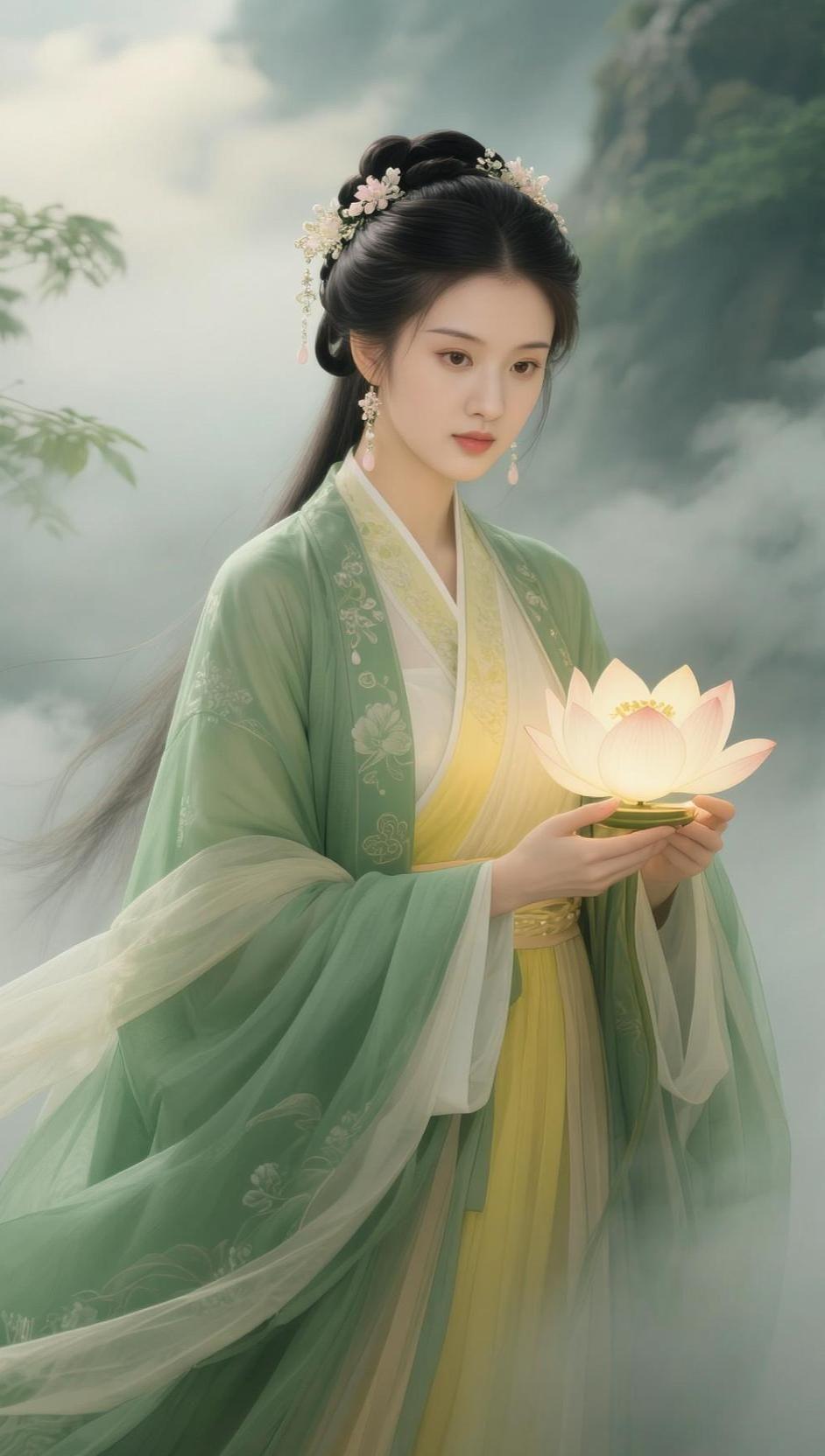 AI雾中持莲图 随变ai随便玩