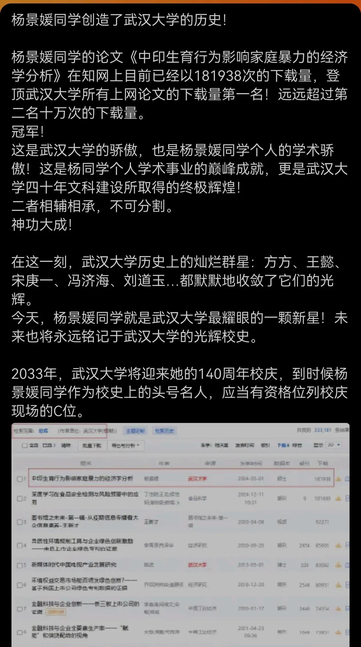 武大杨同学学术创造了历史！
这是武汉大学的骄傲，也是杨同学个人的学术骄傲！