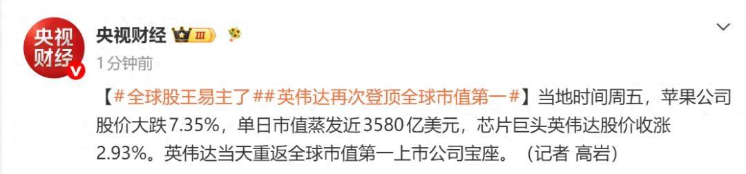 一天亏掉3580亿美元，苹果股价大幅跳水，英伟达重新坐上全球市值头把交椅！

美