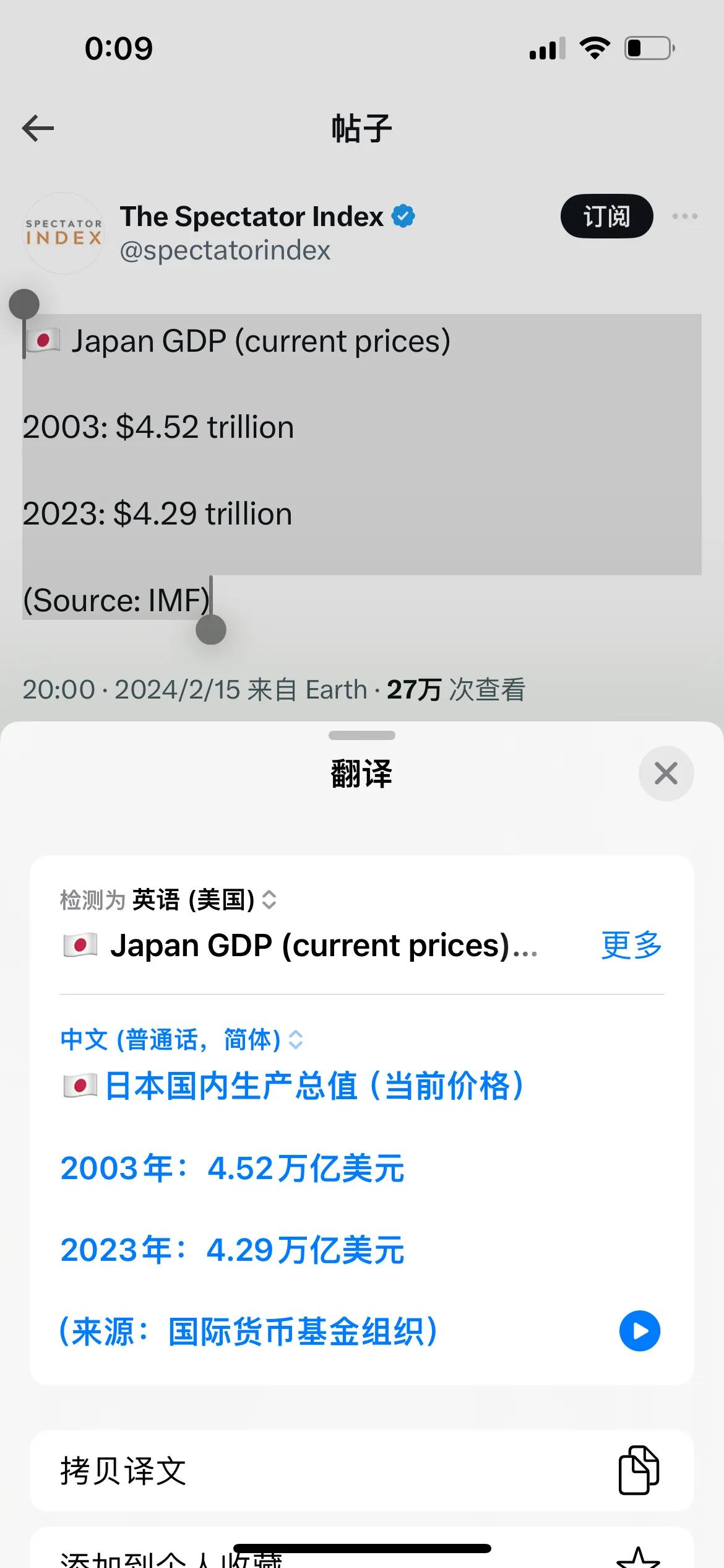 日本国内生产总值（当前价格）

2003年：4.52万亿美元

2023年：4.