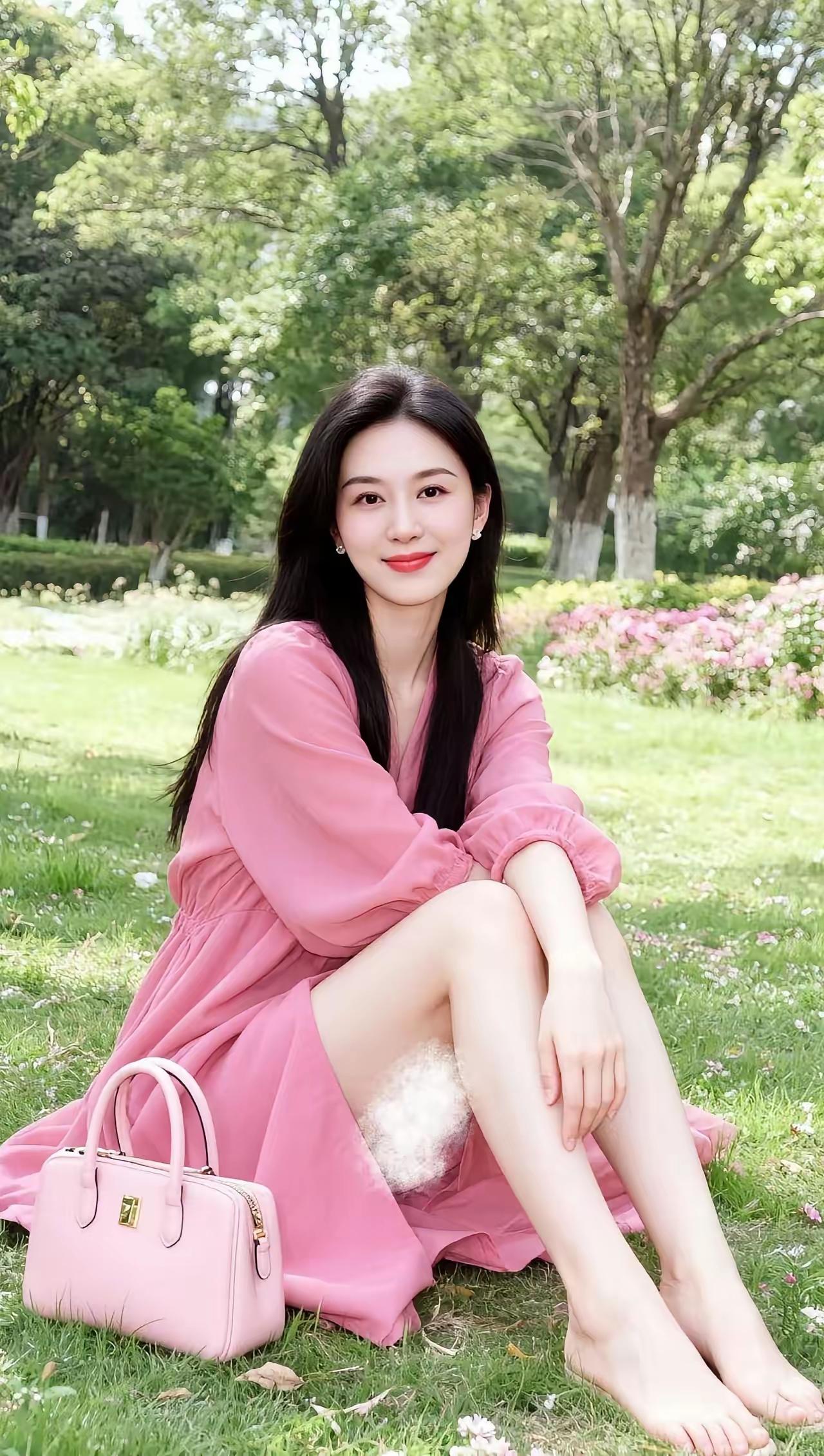 在公园的绿意中，粉裙少女与白色包包的甜美搭配，尽显春日浪漫🌸💕🍀🌺