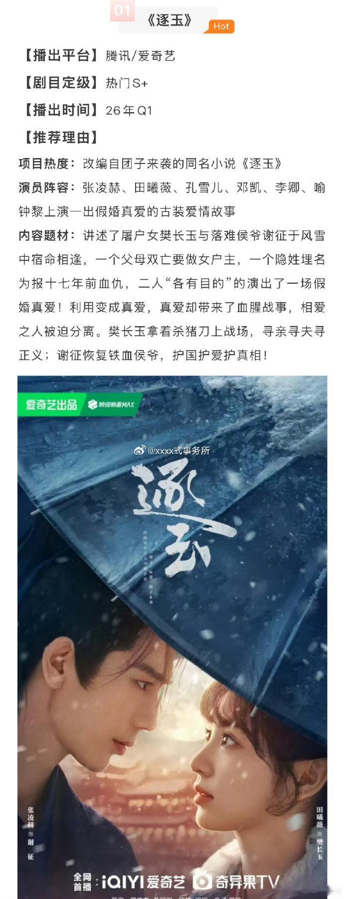 网传逐玉提档 3 月 6 日开播，张凌赫田曦薇逐玉正式敲定该提档时间，剧集的上线