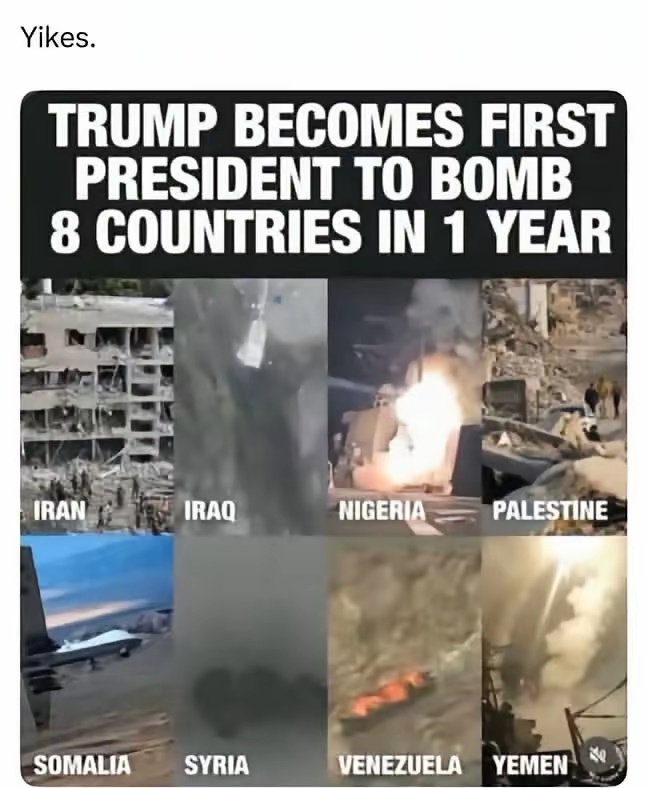 前无古人，特朗普成为美国史上首位在一年时间内就轰炸8个国家的总统，分别是：伊朗、