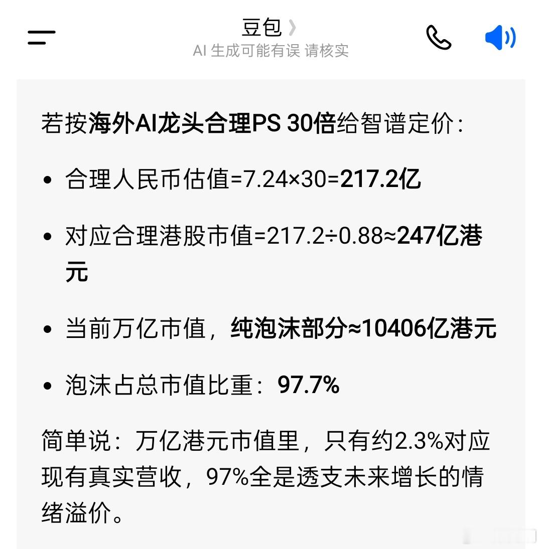 问豆包智谱的合理估值是多少，答案是247亿港币，现在的市值97.7%都是泡沫。 