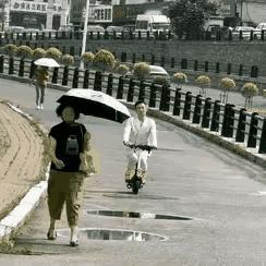 大哥骑着小电驴款款而来，伞下这位漂亮姐姐刺激了他。
只见他羞涩地歪起脑壳张开双腿