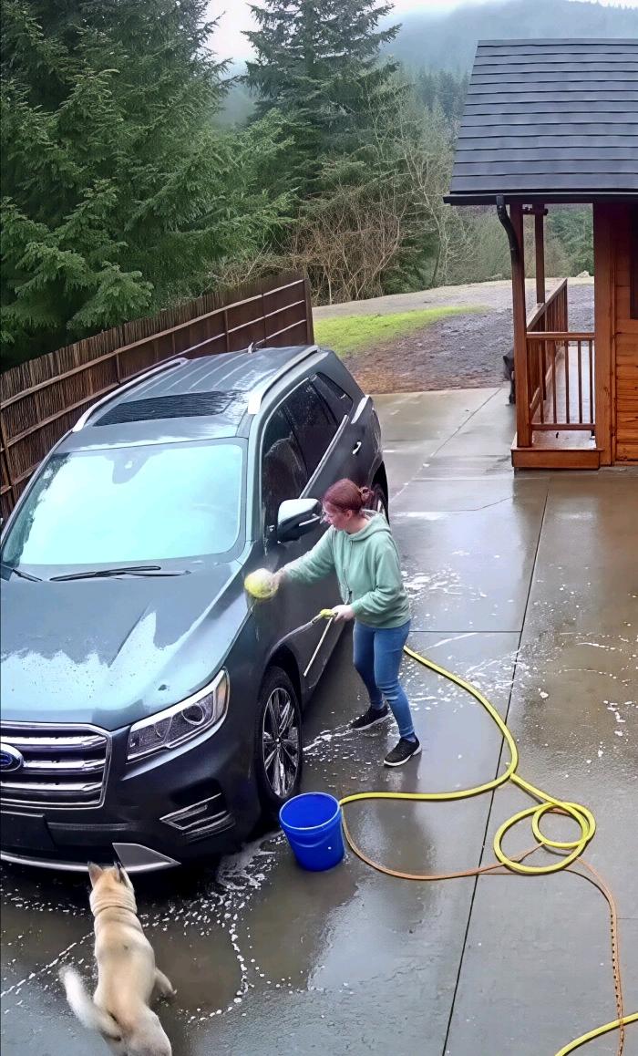 女子正在院子里洗车，突然走进来一个陌生男子，女子问他找谁，男子却说谁也不找，边说