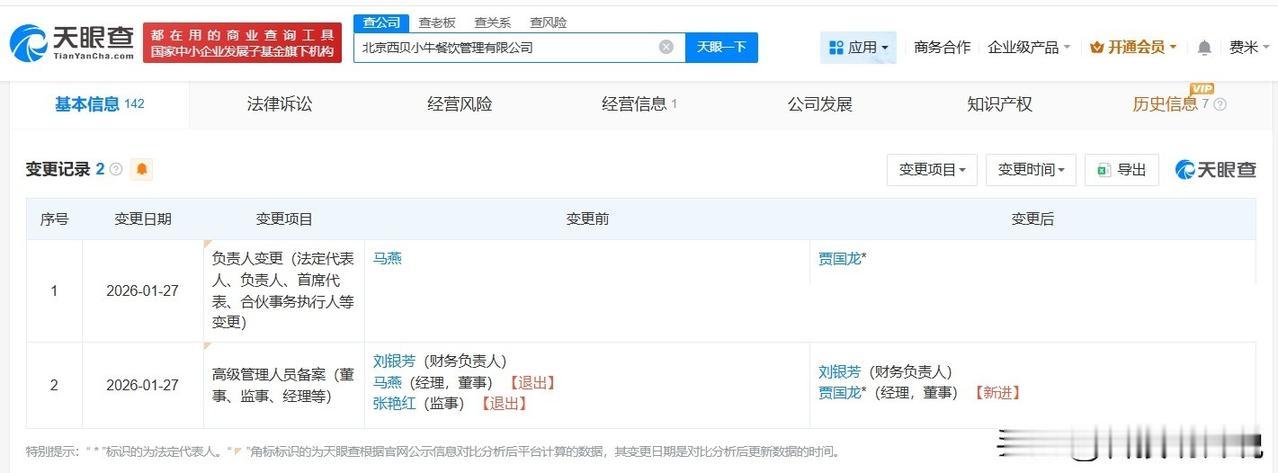 【贾国龙接手北京西贝小牛餐饮管理公司 贾国龙任西贝旗下北京一公司董事】
天眼查A