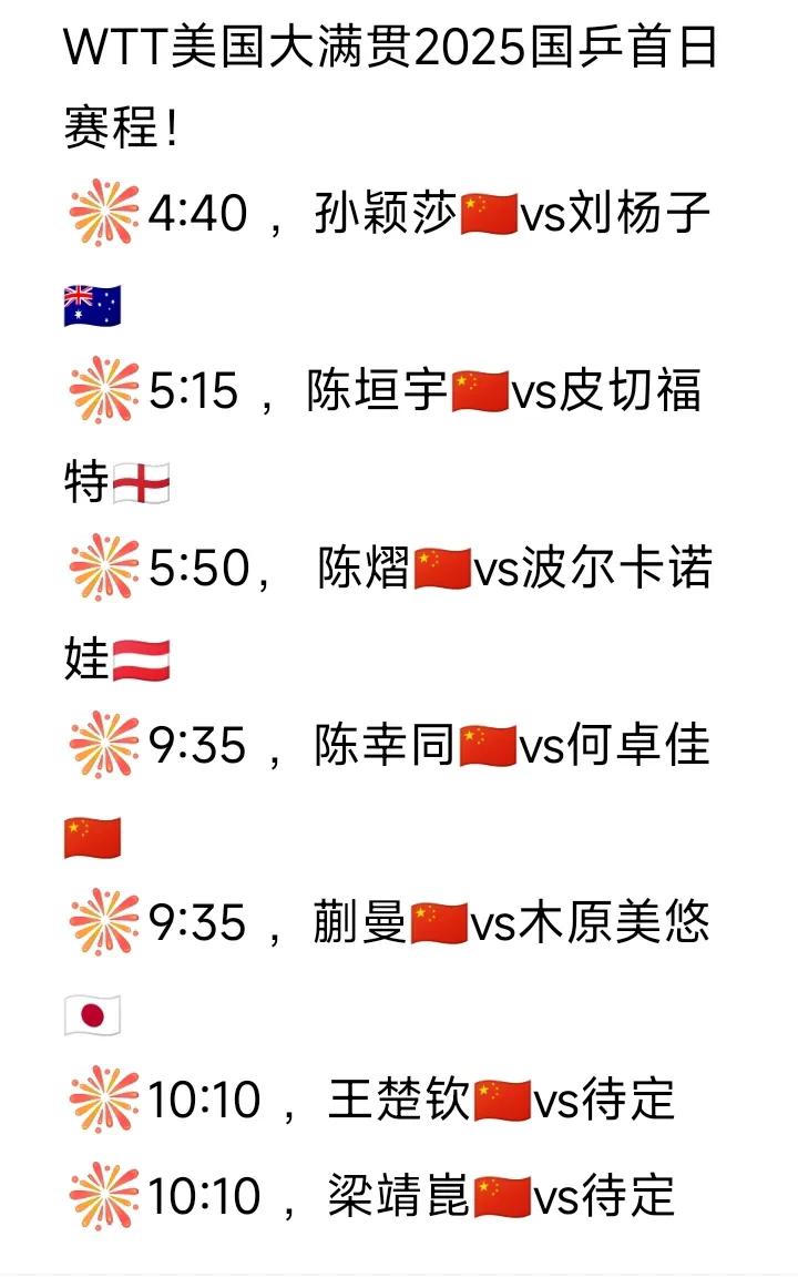 美国大满贯7月7日国乒赛程！
WTT美国大满贯2025国乒首日赛程如图。
国乒1