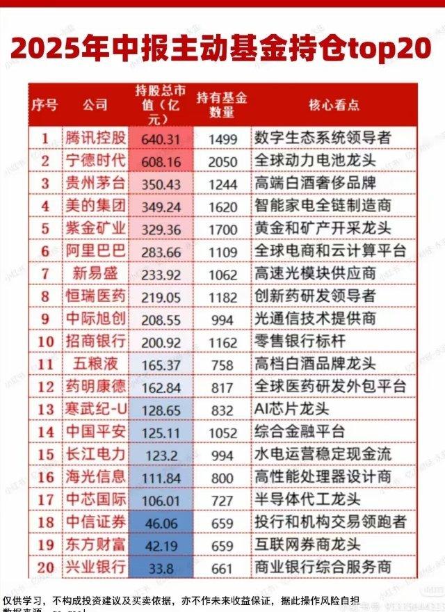 2025年中报主动基金持仓TOP20：腾讯控股（数字生态）宁德时代（动力电池）贵