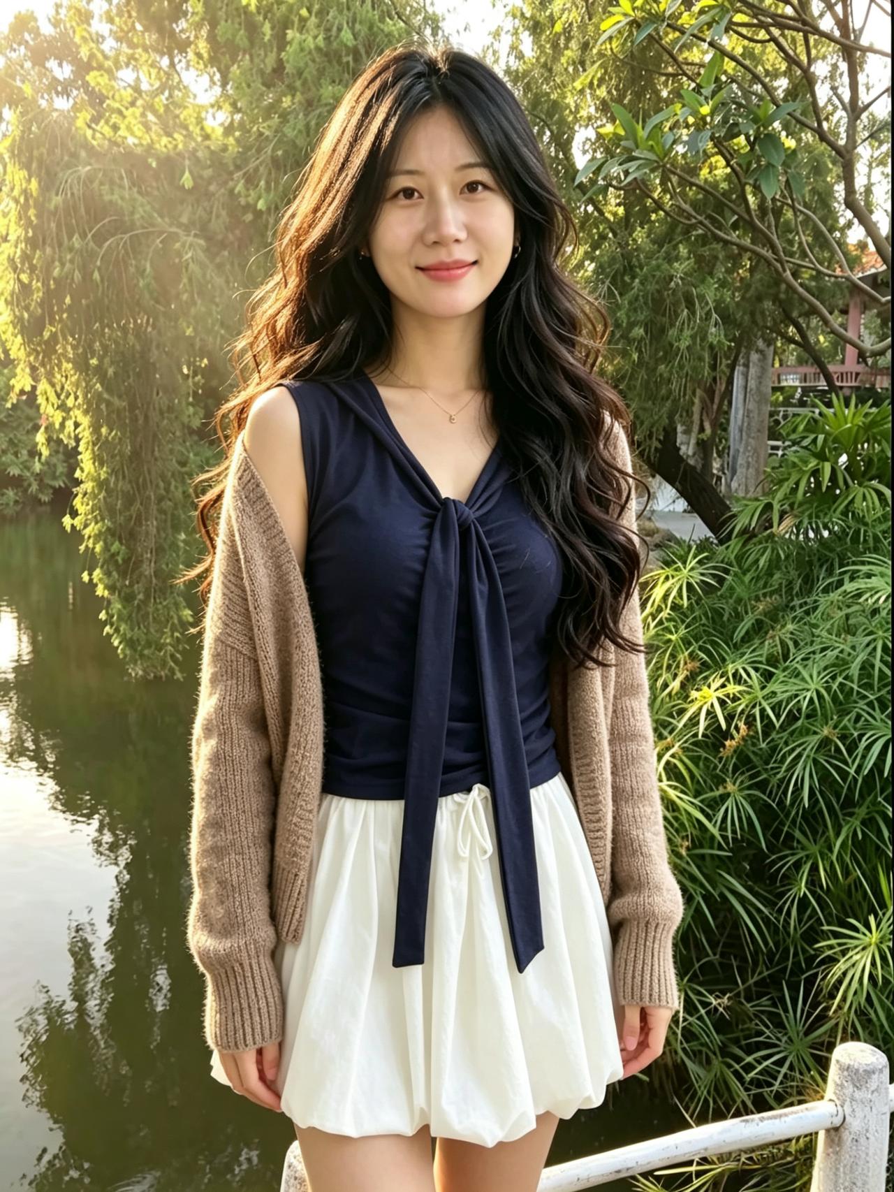 碧水垂杨绕翠烟，佳人临水花木前。
温柔一抹斜阳里，胜尽人间五月天。