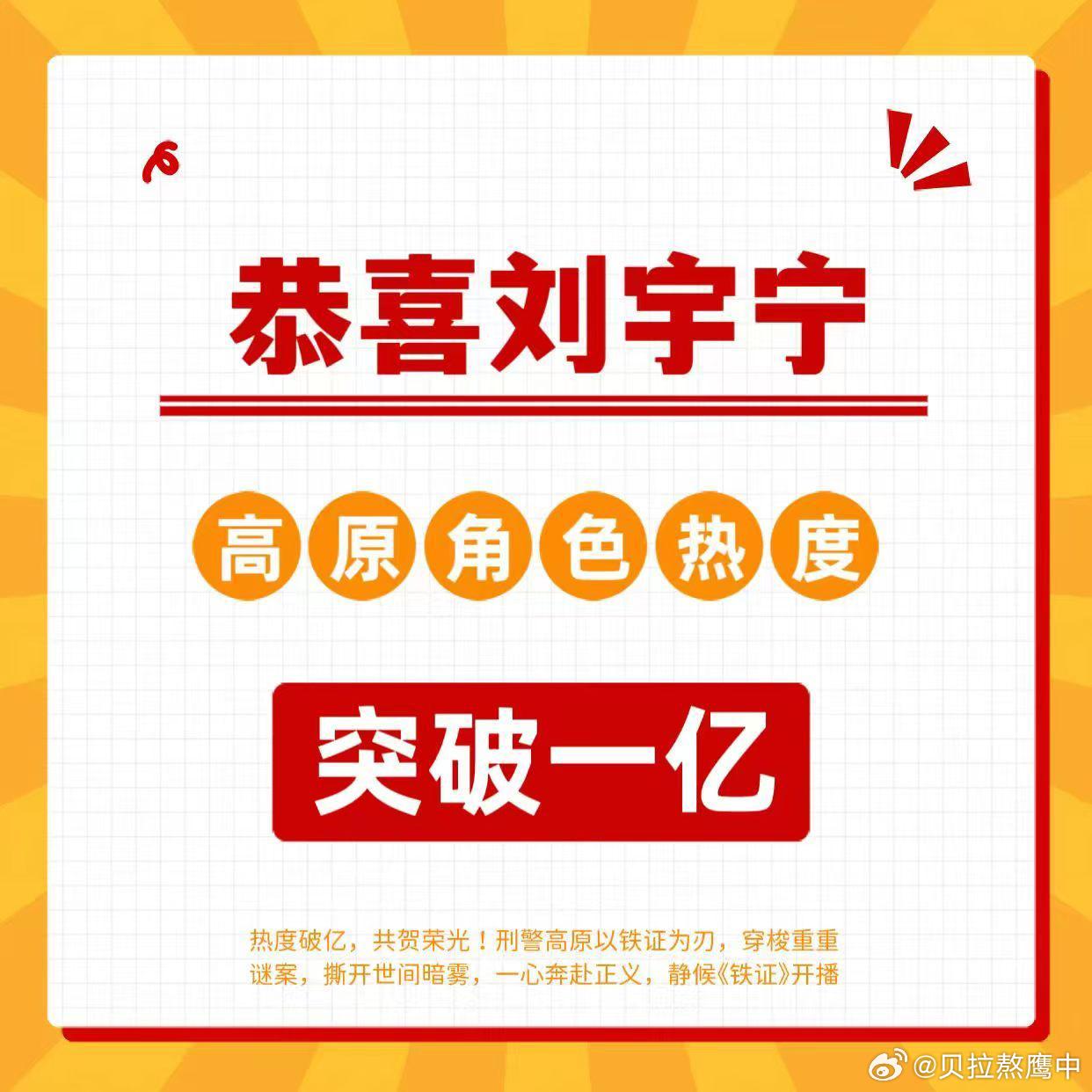 2026.7.19 21:20恭喜刘宇宁《铁证》高原角色热度破1亿🎉🎉🎉未