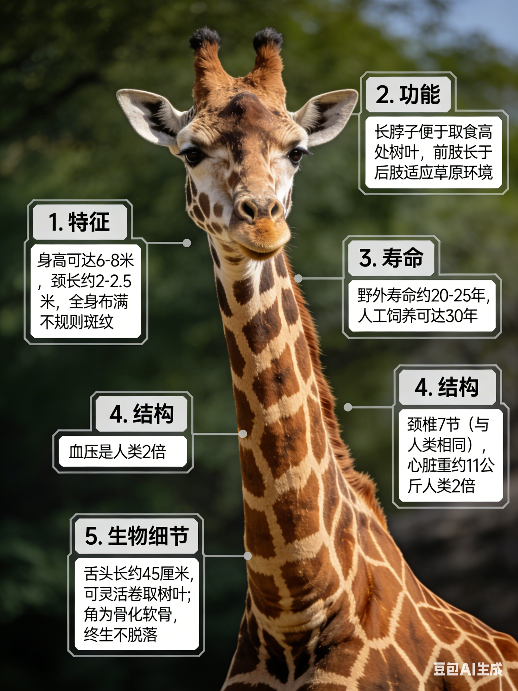 我AI的动物 长颈鹿动物界的“超模”！它们那修长的脖子，就像超级灵活的“长天线”