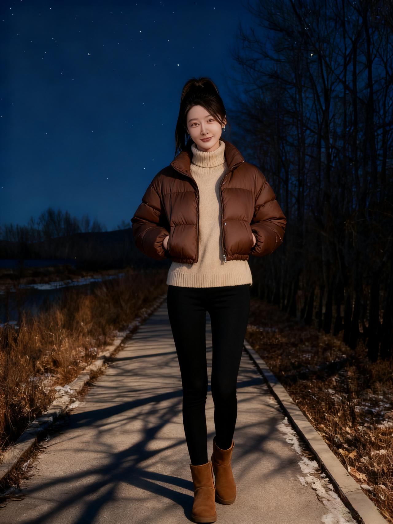 冬夜的小河边，没有半丝风
影子趴在路面，触着了树的枝桠
她把手暖暖地插进口袋时