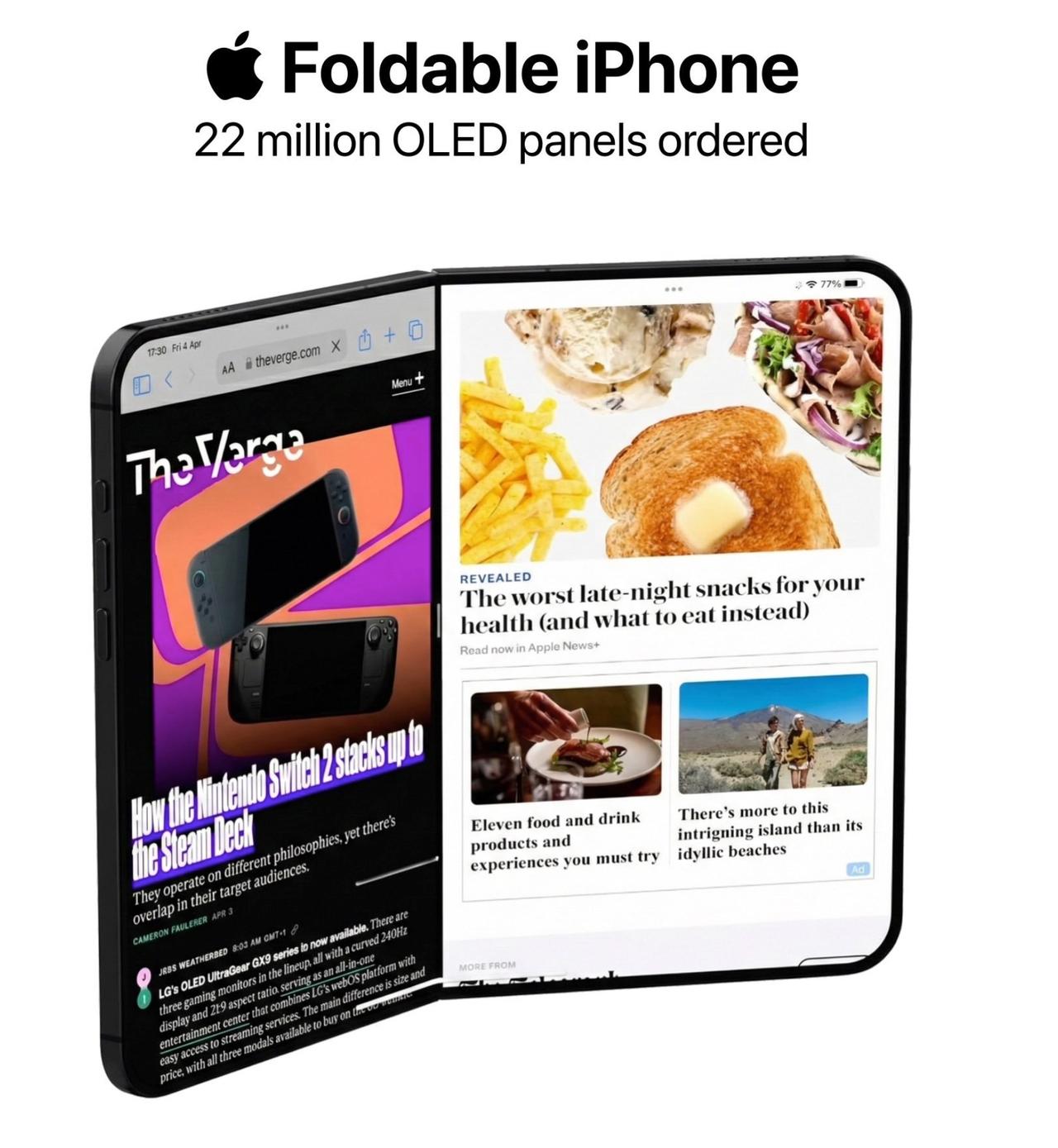 苹果已向三星订购 2200 万块 OLED 面板，用于明年发布的可折叠屏 iPh