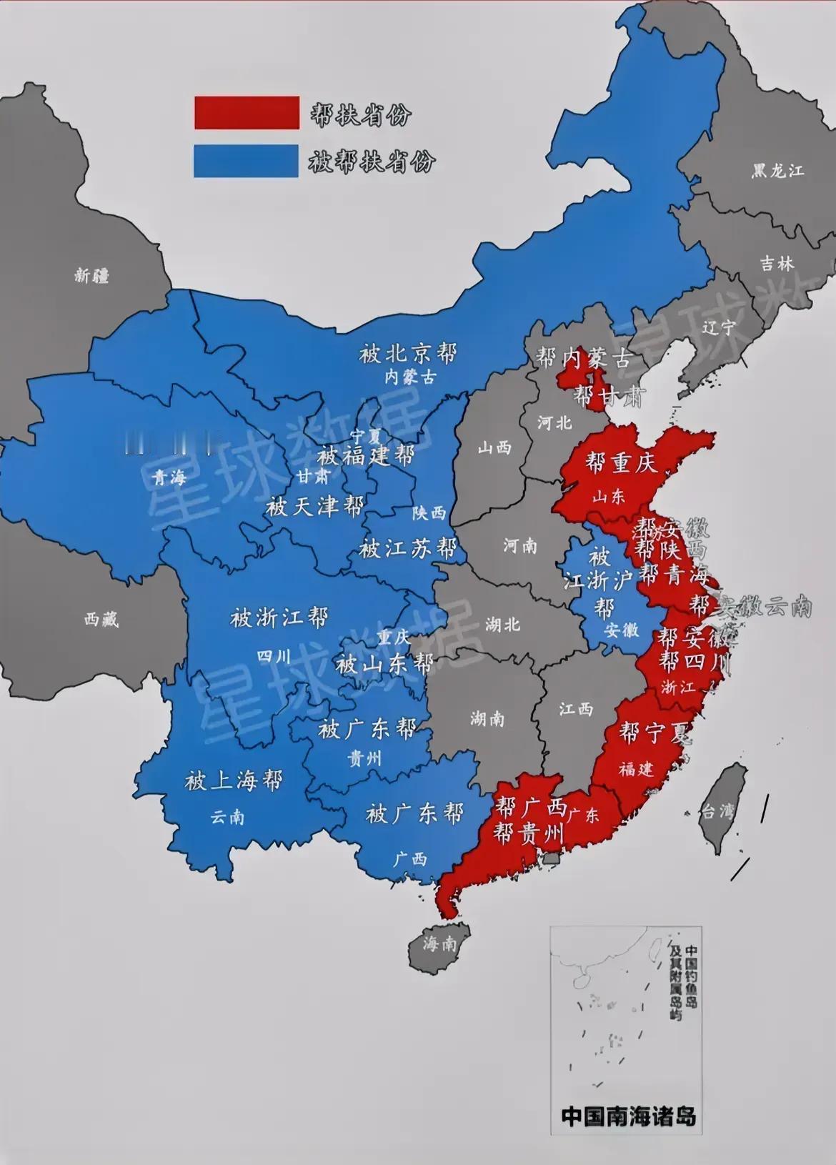 全国各省帮扶对象
北京：帮扶内蒙古
山东：帮扶重庆
天津：帮扶甘肃
江苏：帮扶安