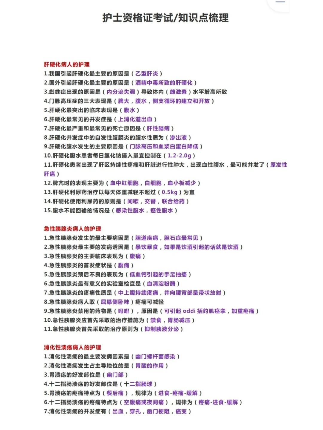 2023护考｜考前冲刺十五页纸｜填空题