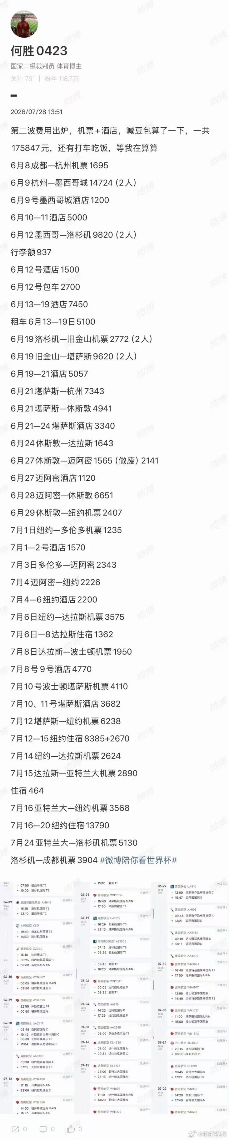 【退钱哥晒世界杯机酒账单】退钱哥世界杯机酒花费17万多 7月28日，退钱哥在社交
