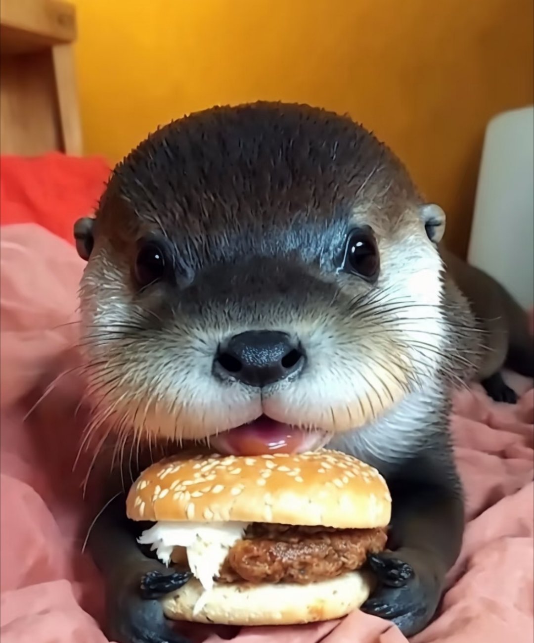 🦦：“午饭时间到……daddy给了Chicken burger🍔獭獭也想吃七