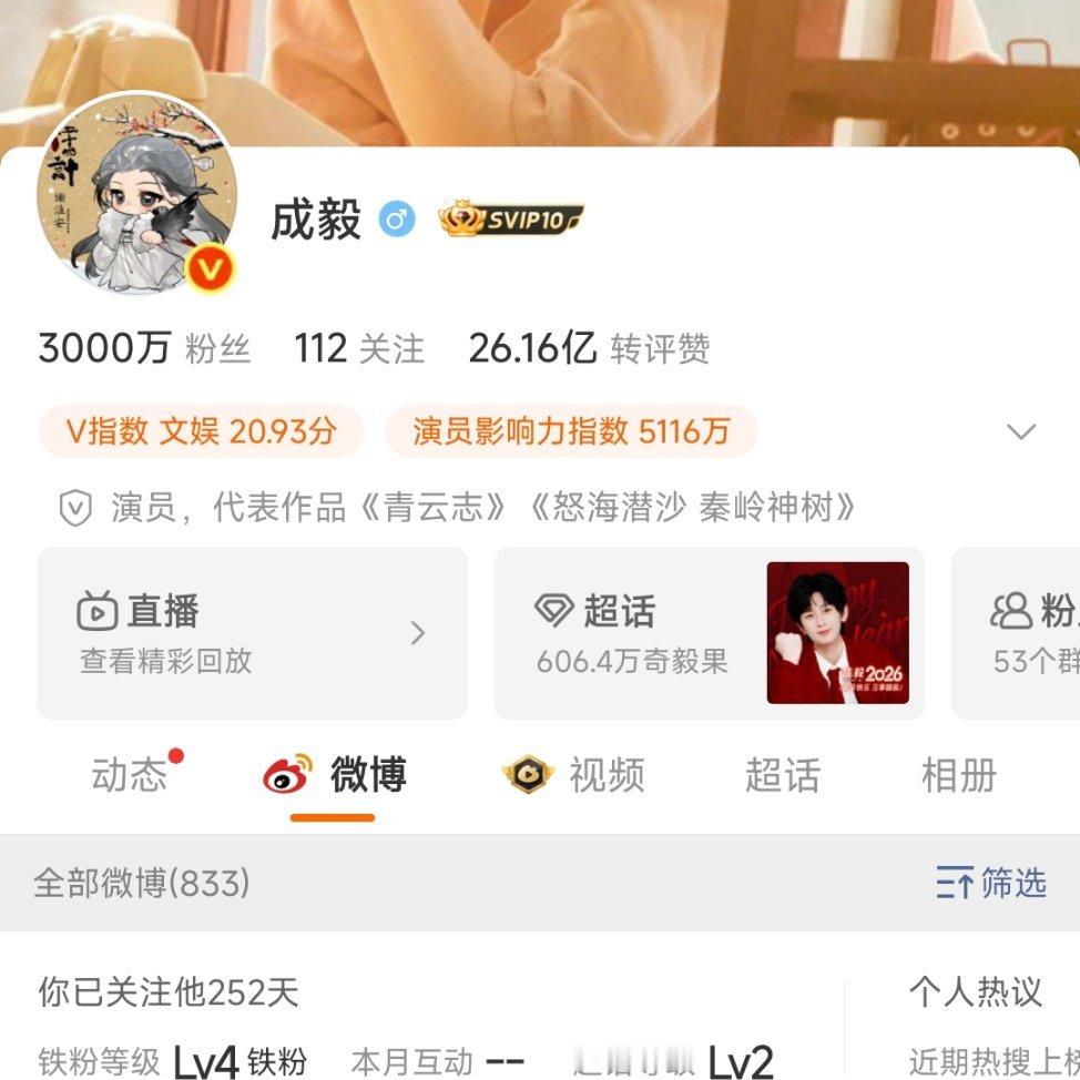 哈哈截到啦！🎉 恭喜成毅wb粉丝突破3000w！2025年真的是全方位起飞的一