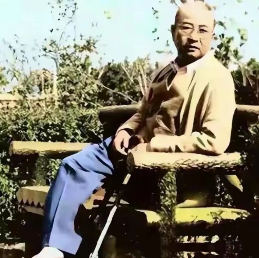 1961年，病重的陈赓大将在上海疗养时的一张留影，镜头中他坐在院子椅子上，拐杖靠
