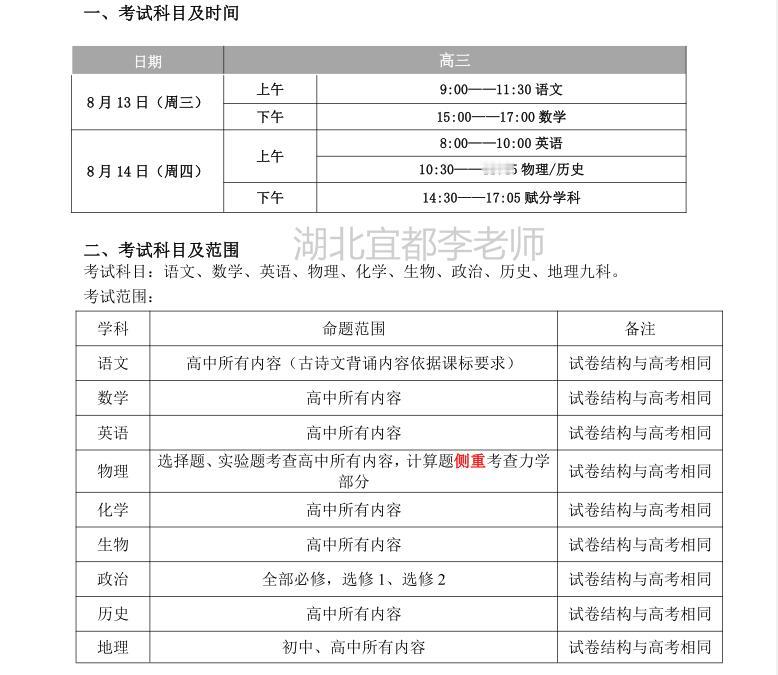 腾云联盟高三联考周三开考！

2025年8月13日，也就是本周三，湖北2026届