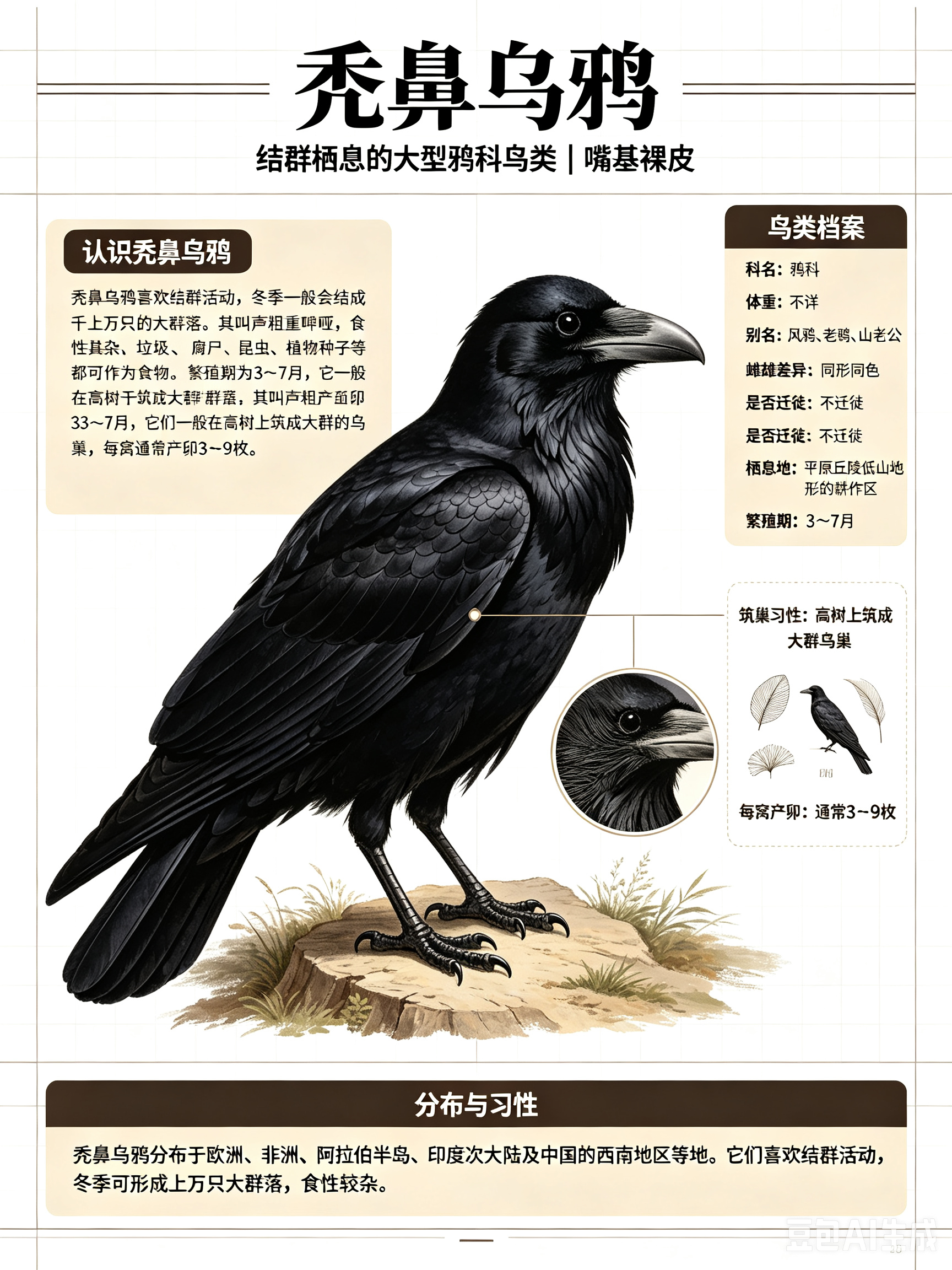 鸟类朋友图鉴 秃鼻乌鸦科名：鸦科体重：不详别名：风鸦、老鸹、山老公秃鼻乌鸦喜欢结