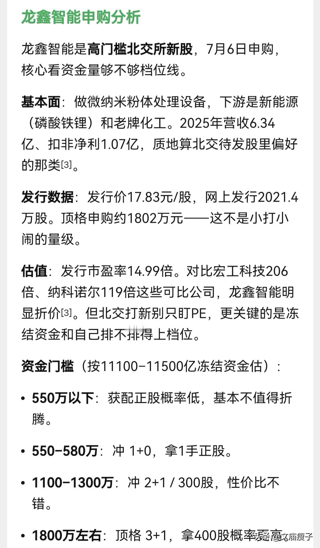 朋友们，北交所新股龙鑫智能7月6日开启申购，发行价格为17.83元。

按照人工