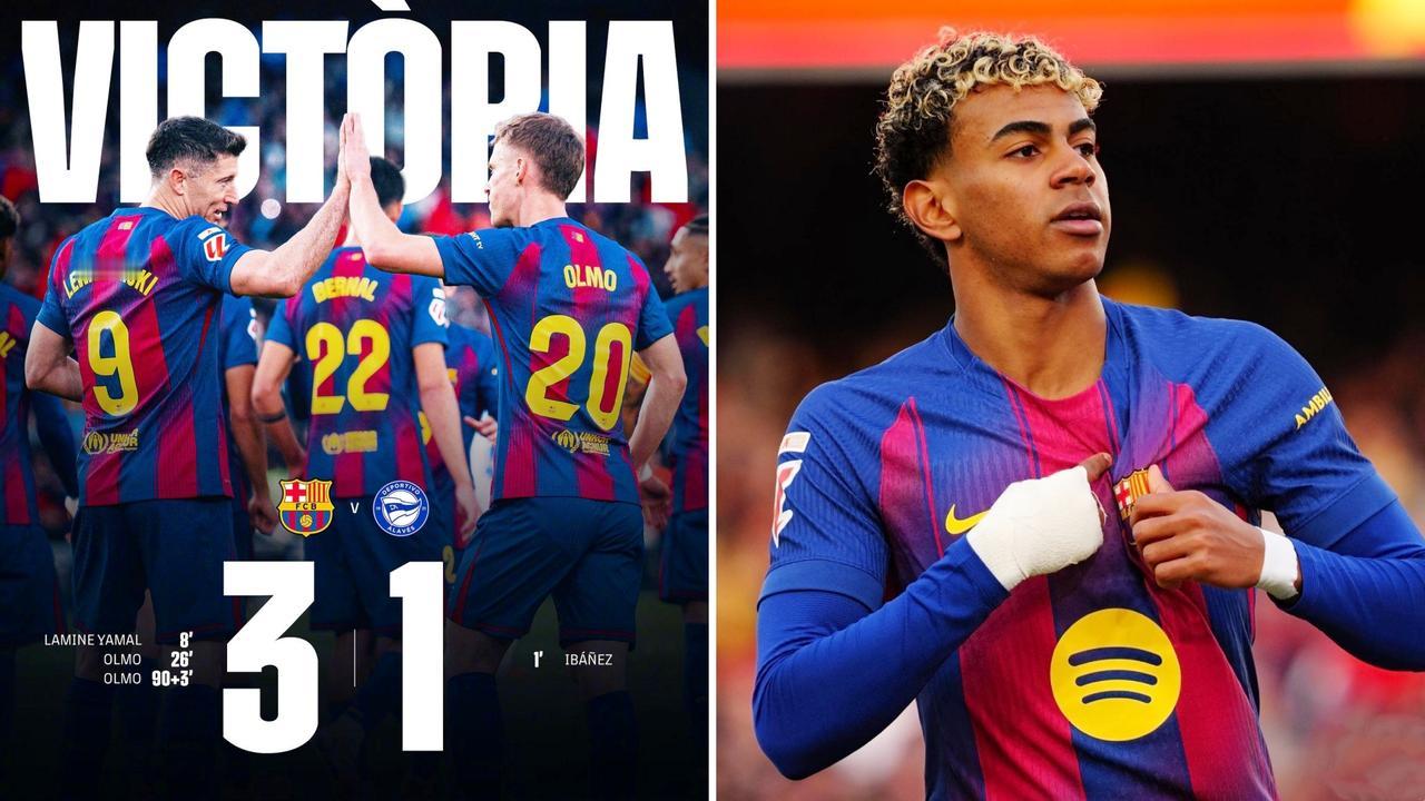 西甲：巴塞罗那主场3-1击败阿拉维斯，联赛保持4连胜。
亚马尔传射建功，奥尔莫完