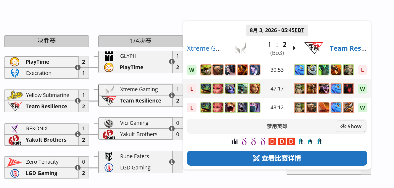 起床看了一下，DOTA2 未来运动会阿斯坦纳2026线下赛，淘汰赛1/4决赛XG