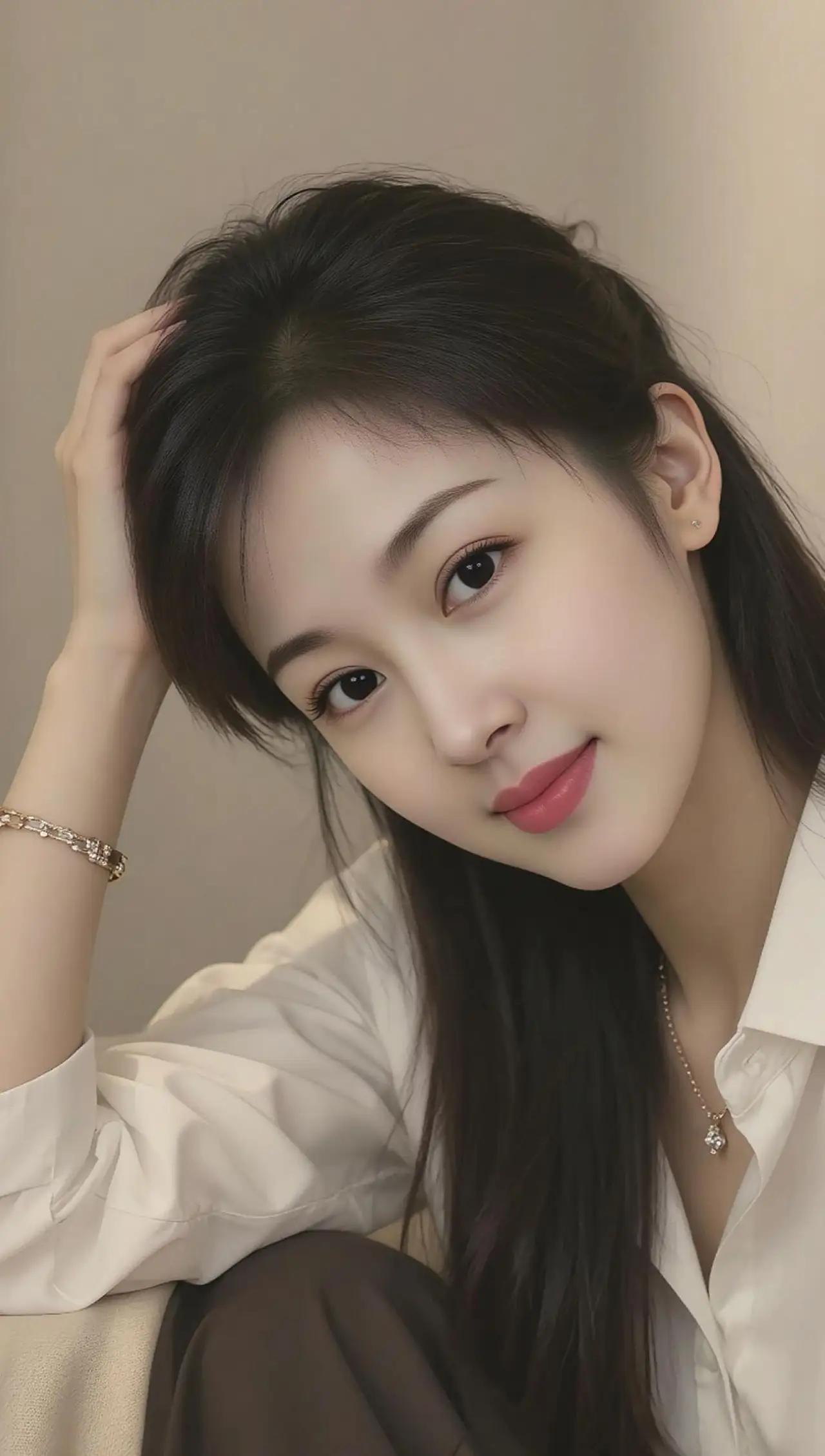 温柔甜美的少女，白衬衫与长发的完美搭配，散发着青春的气息。💖🌸🍎