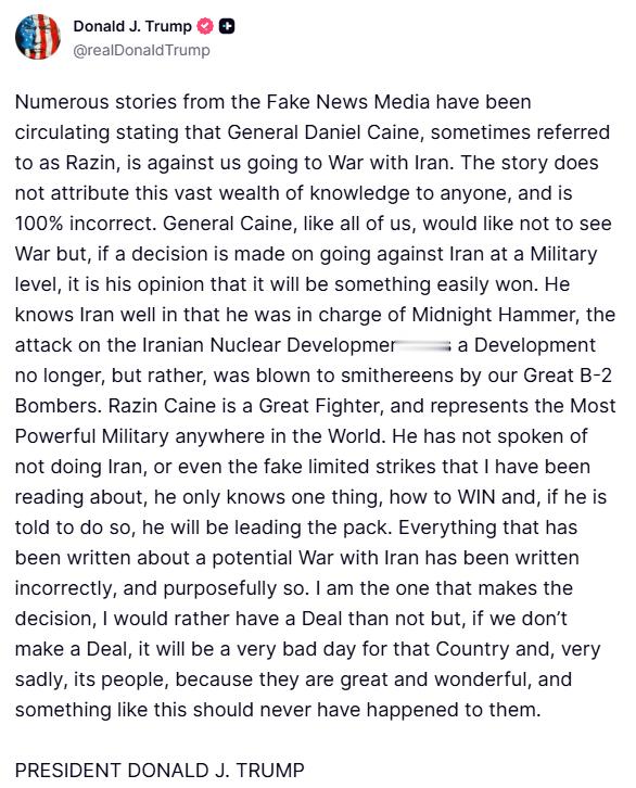 特朗普发文否认“先小打，再大打”，“我才是那个(对伊朗军事行动)做决定的人”。“