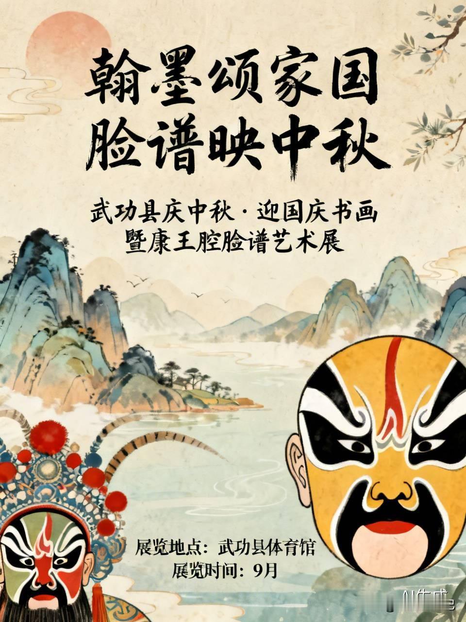 中秋国庆武功县家门口看艺术展。
    据武功融媒消息：“翰墨颂家国 脸谱映中秋