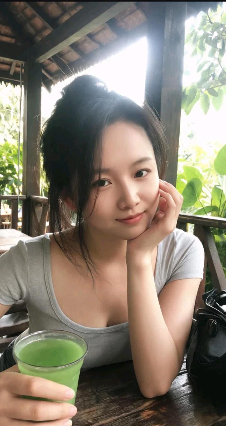 阳光明媚，女孩喝着绿茶，享受悠闲时光。发一张你湖边看到的场景 低糖绿茶饮料 手工