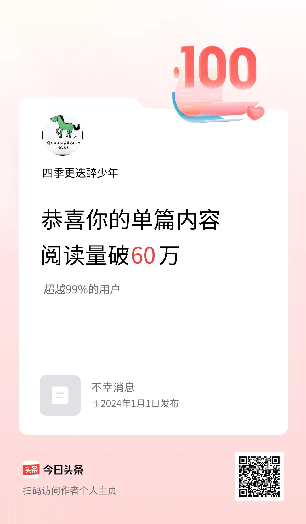 单篇内容获得阅读量破60万啦！