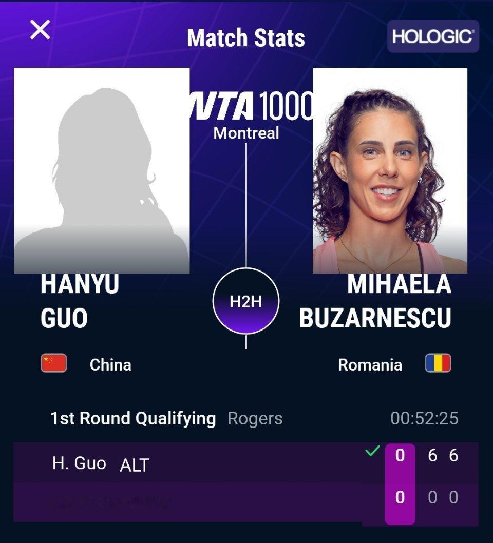 WTA1000蒙特利尔站资格赛，替补入围的郭涵煜以6-0 6-0横扫布扎内斯库，