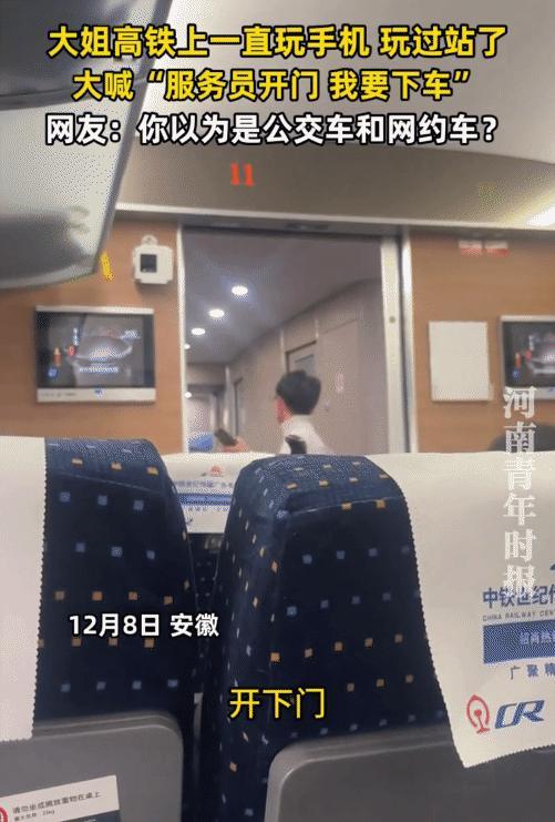 安徽，女子坐高铁因一直玩手机，坐过站了。突然，她大声喊: “开下门，服务员开下门