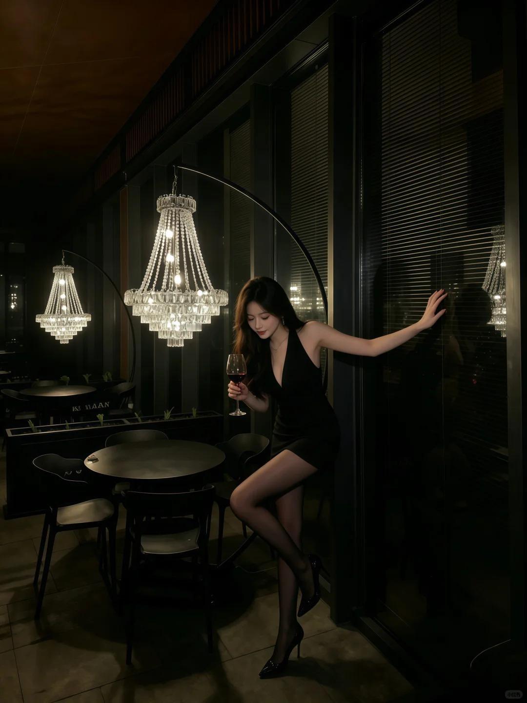 今晚是黑裙与水晶灯的浪漫
暗调空间里，水晶灯的光裹着酒意
一身黑裙踩进松弛的夜