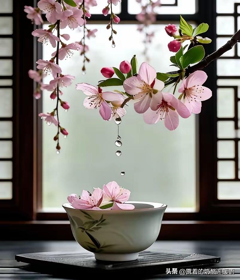 清晨的阳光下，窗台上的樱花正慢慢落入茶碗中。早安[心][心][心][送自己一朵花