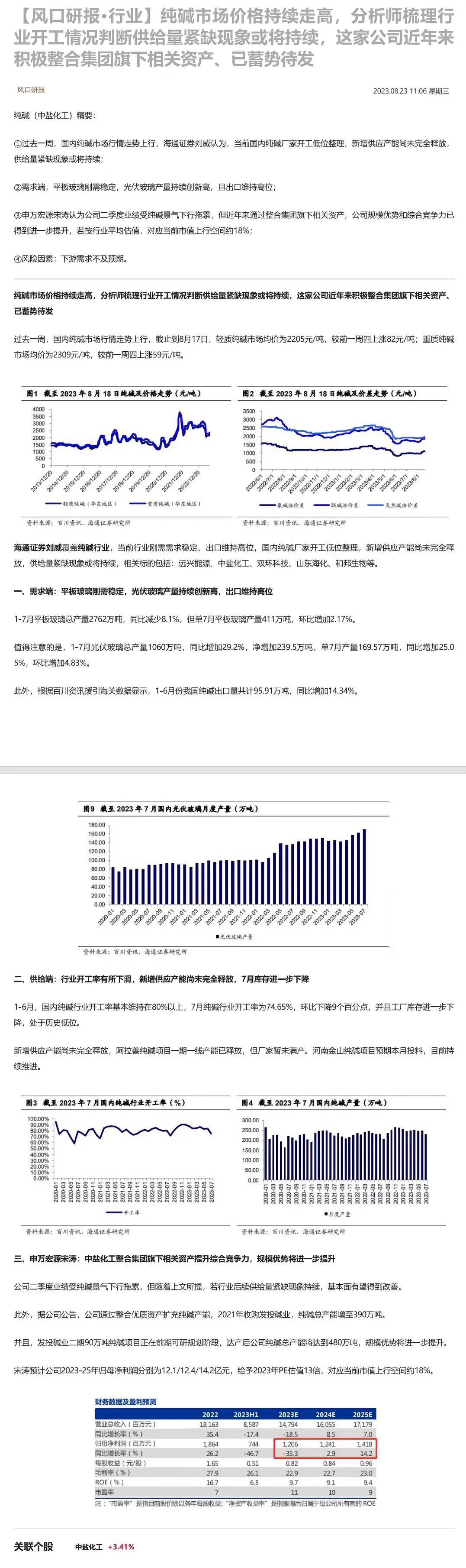 纯碱市场价格持续走高，分析师梳理行业开工情况判断供给量紧缺现象或将持续，这家公司