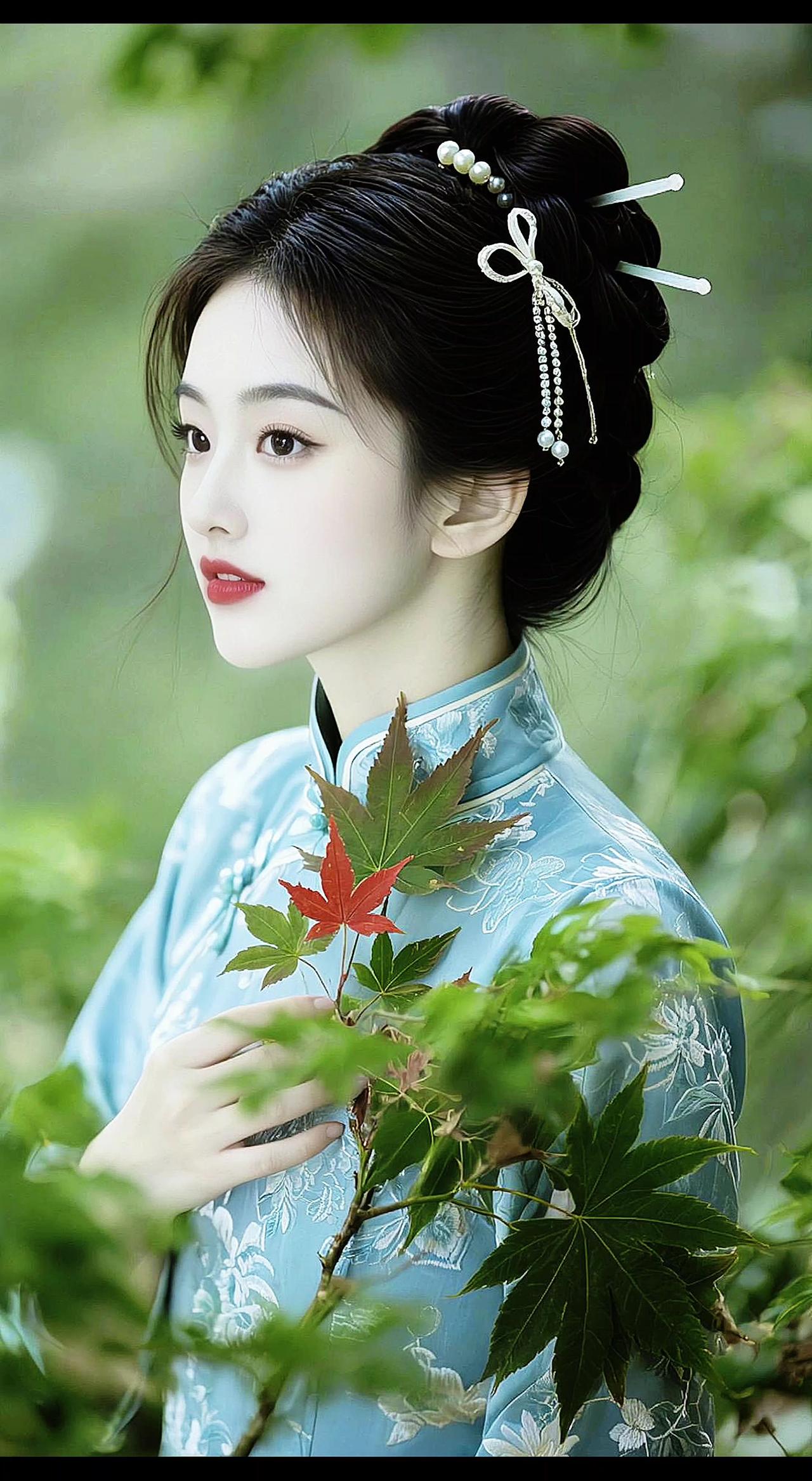 AI中式枫叶写真 抖音ai创作 旗袍配红枫 旗袍 旗袍美人