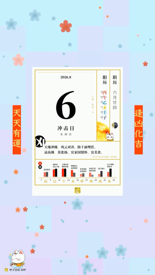 甲子日历 8 月 6 日，冲击日。天地冲撞，风云对决。防十面埋伏。📆 星座人生