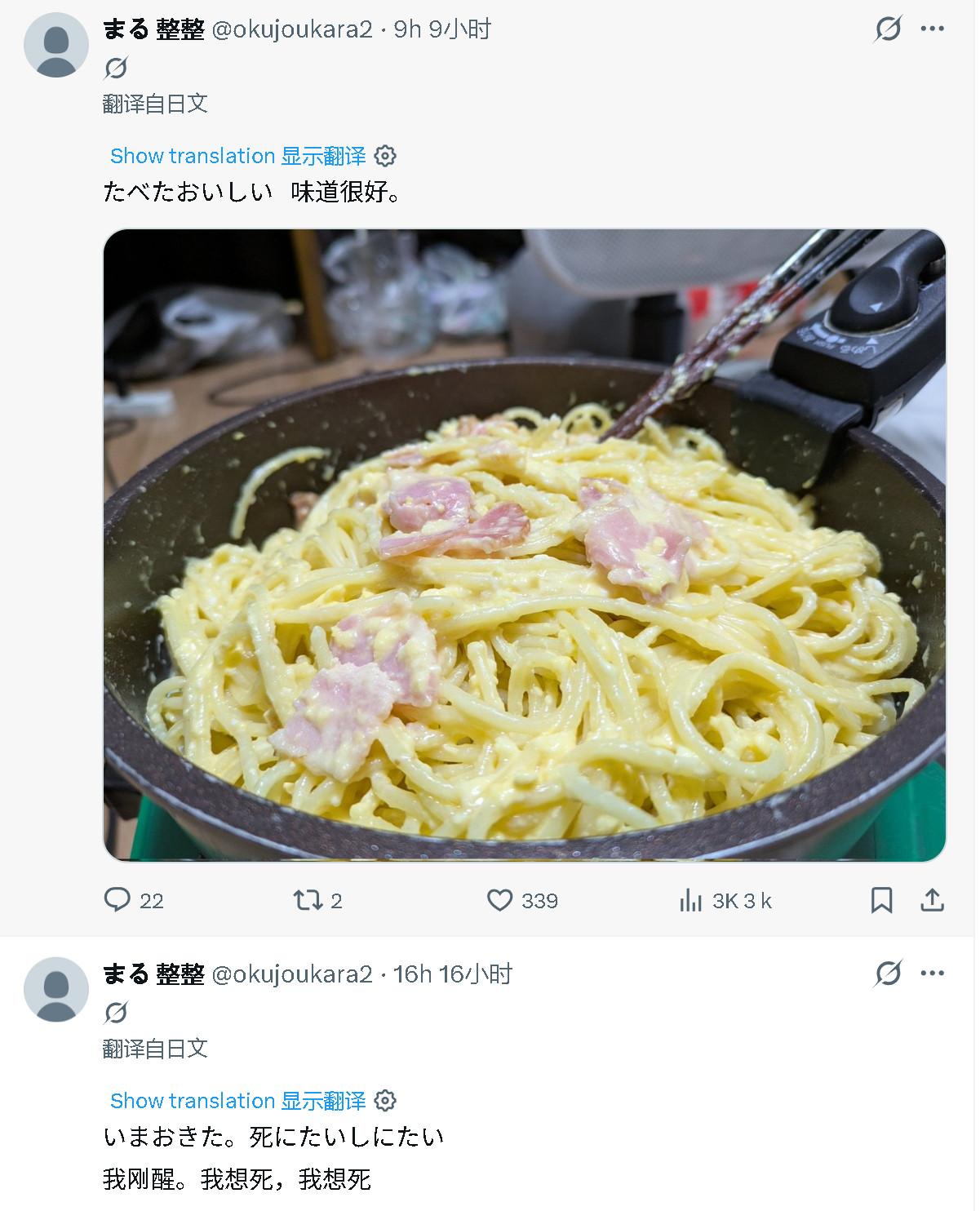 很好吃；我睡醒了，我想死。
这个日本网友日复一日的、甚至一天数次的如重复。
