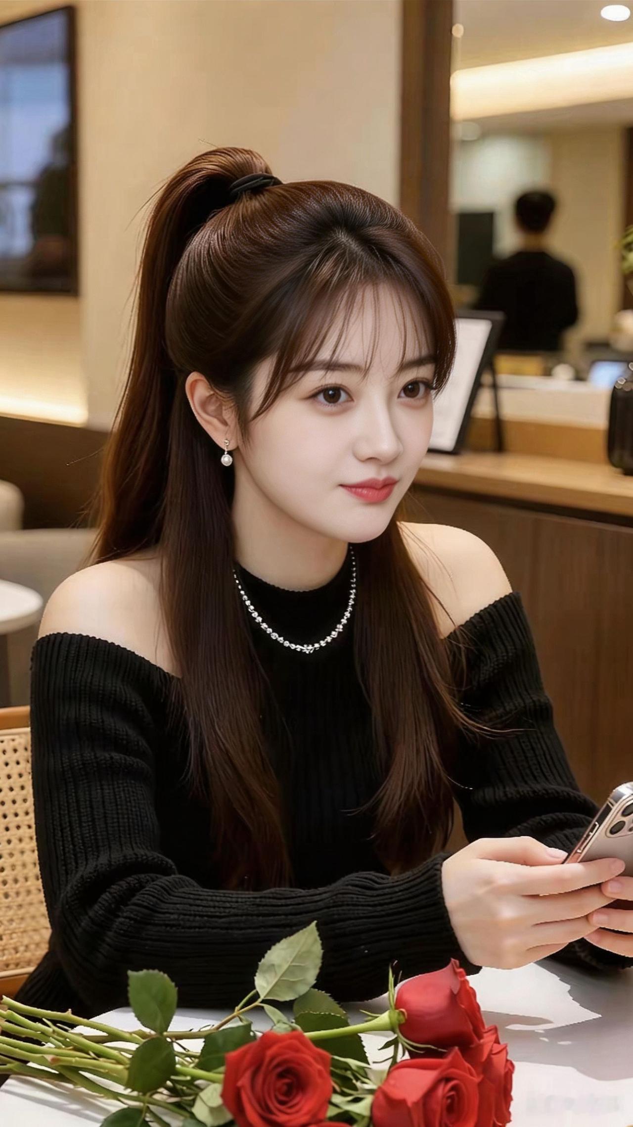 优雅黑裙少女，玫瑰相伴，静享时光。