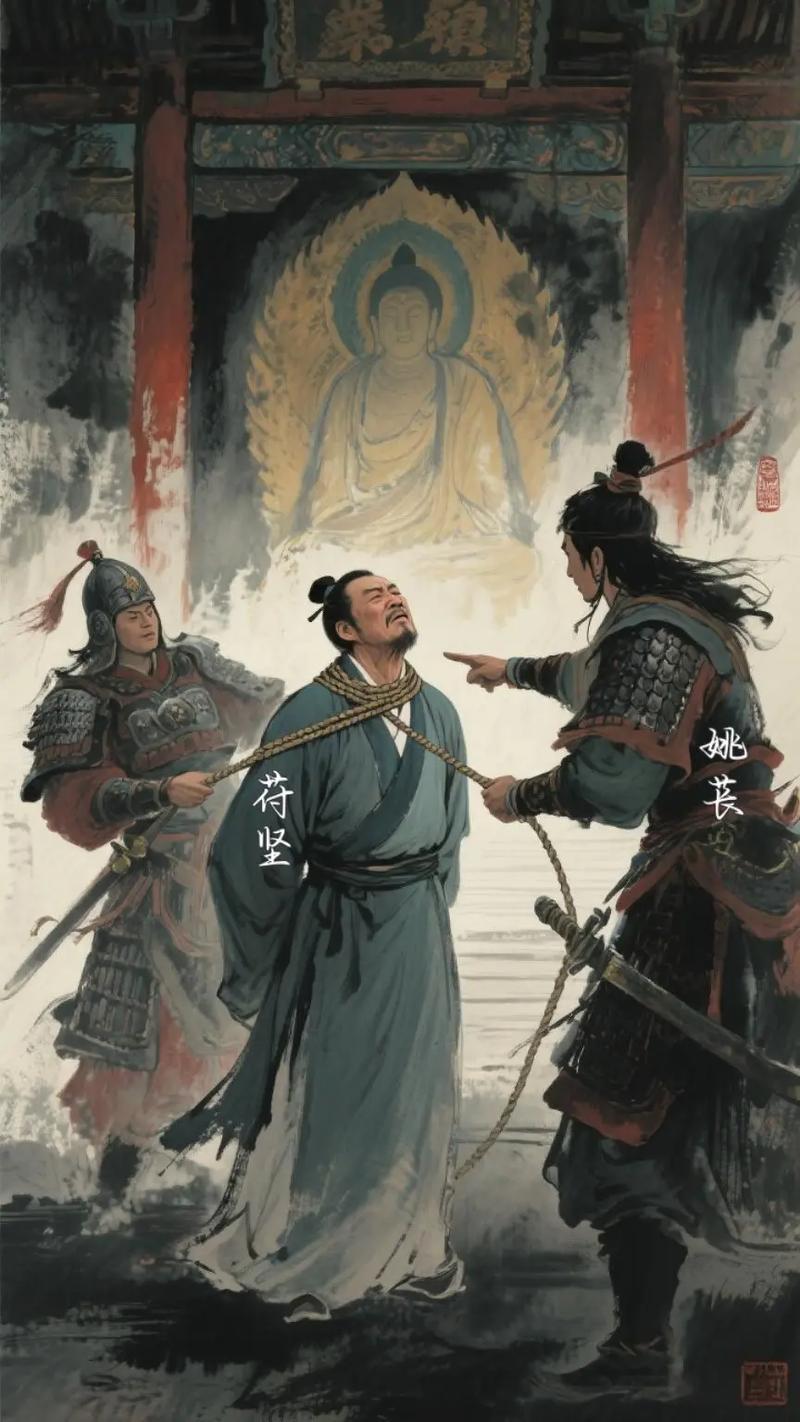 公元385年，前秦天王苻坚被部下姚苌缢杀在新平佛寺。
在下达命令的同时，姚苌也犹