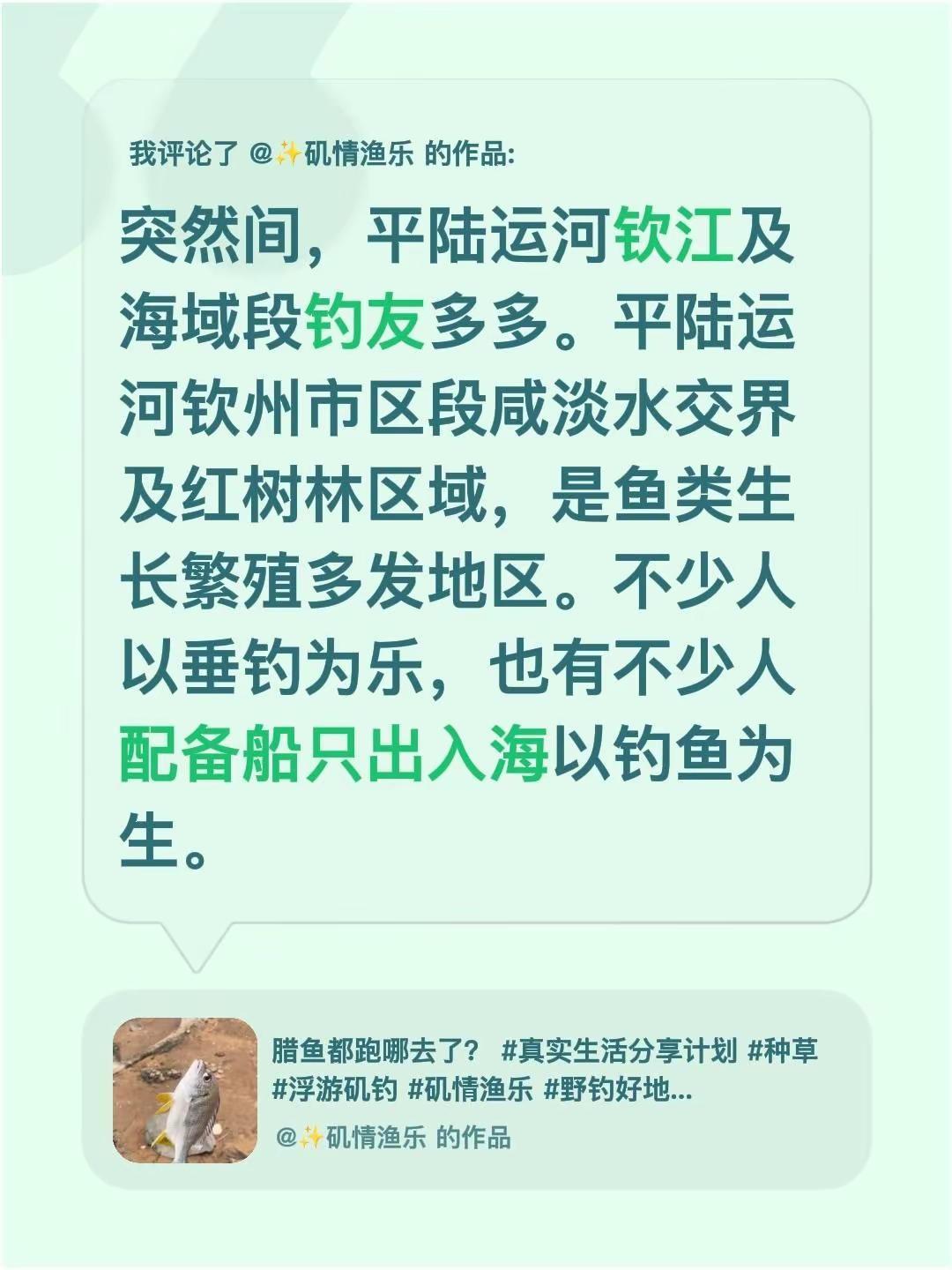 我评论了@✨矶情渔乐 的作品：突然间，平陆运河钦江及海域段钓友多多。平陆运河钦州