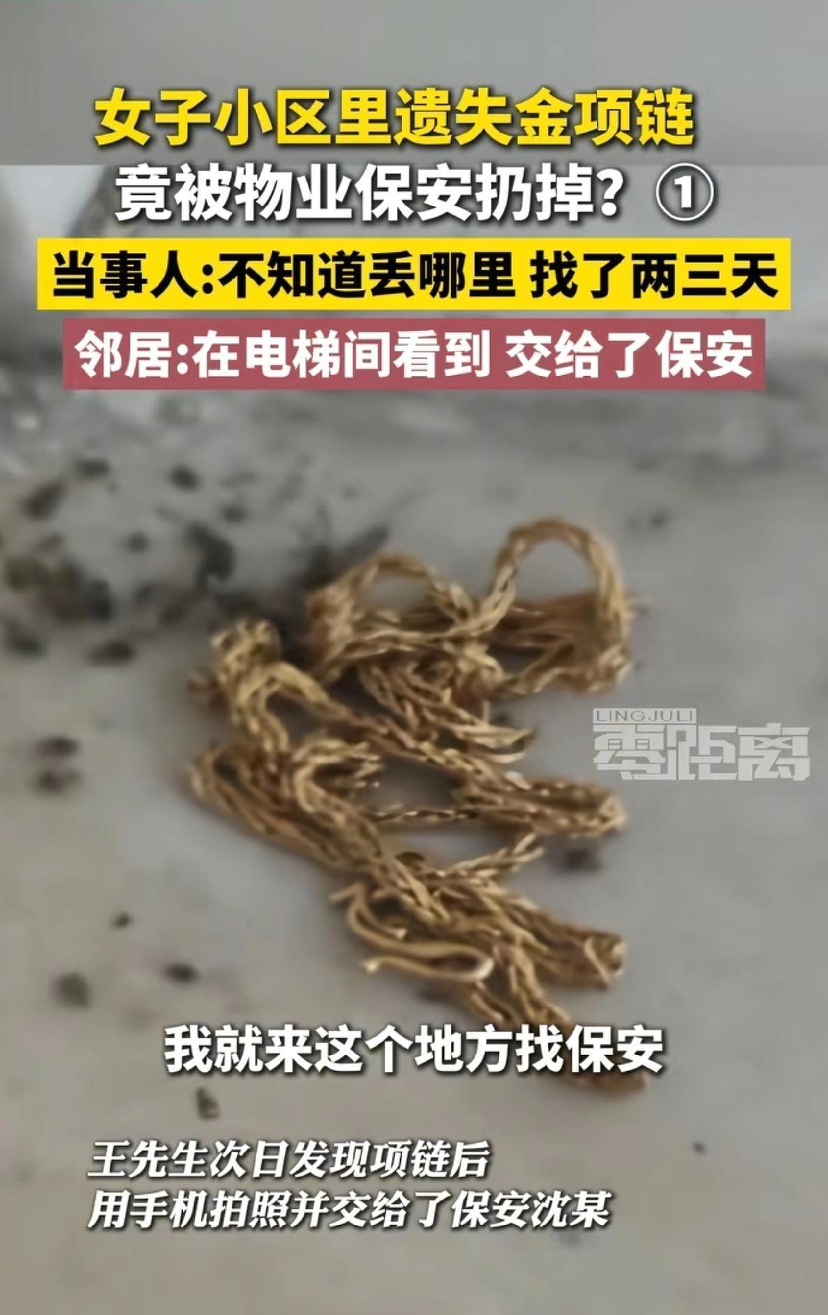 "太意外了！"江苏镇江，一女子搭电梯时金项链遗失，邻居拍照后交给了小区保安。半个
