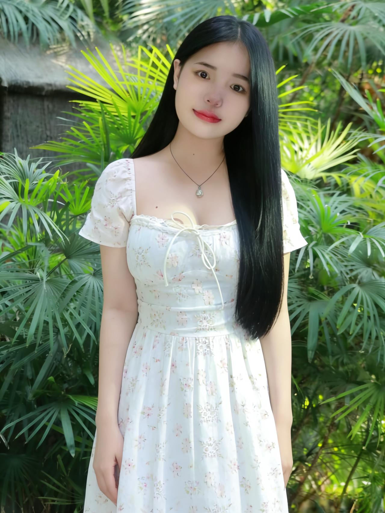 幽林藏秀色，玉立倚清光。
云袂裁云影，青丝覆雪霜。
明眸含远黛，素颈缀银珰。
不